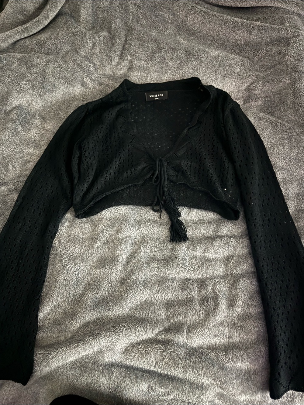 White Fox Boutique Black Cropped Tie-Front Openwork Knit Top